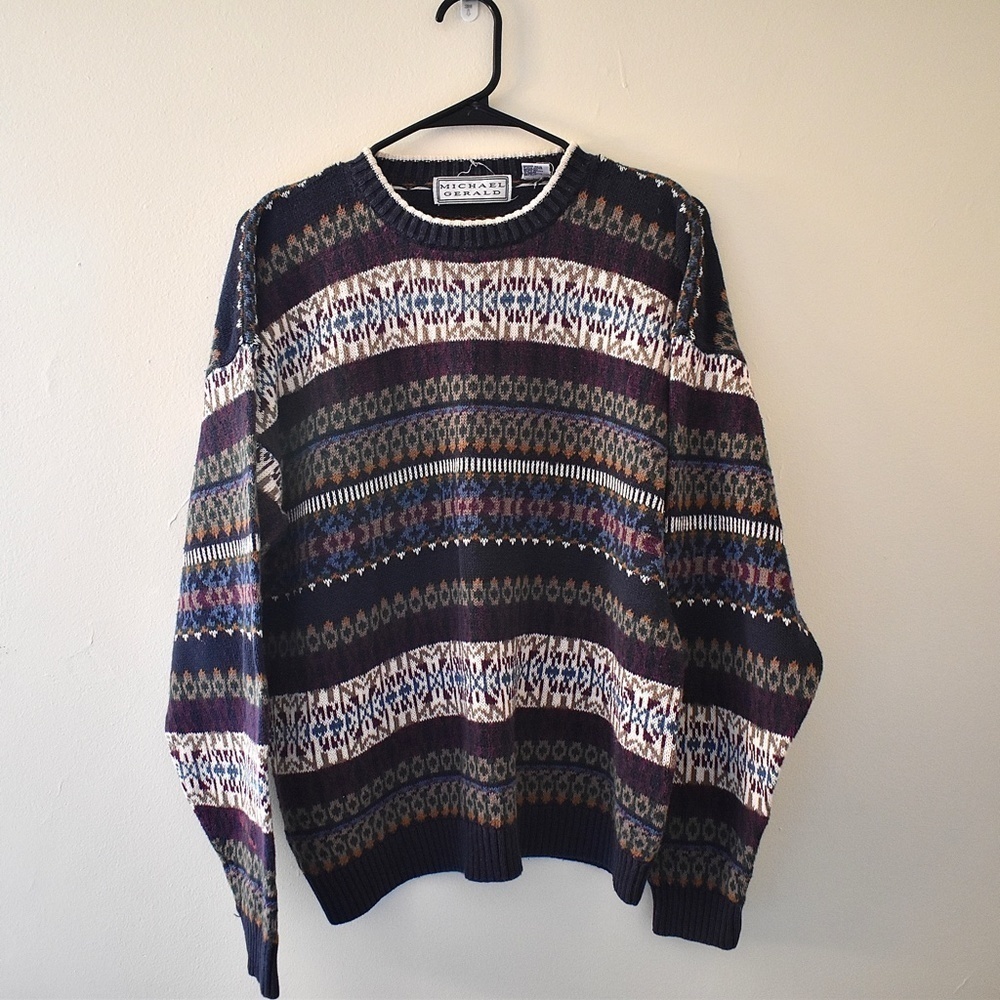 L- Vintage Michael Gerald Mens Grandpa Striped Pattern‎ Navy Sweater